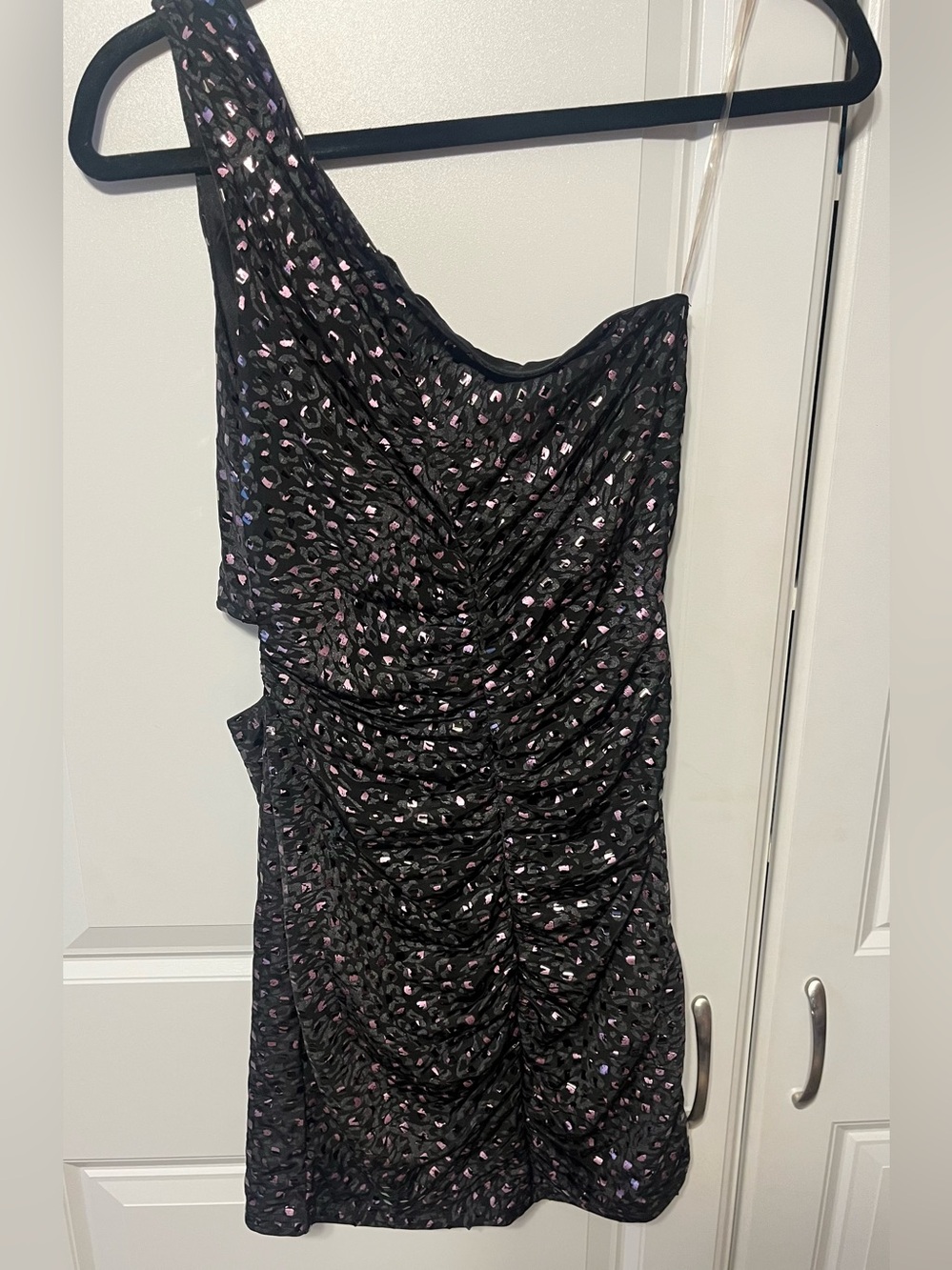 One-Shoulder Black Ruched Mini Dress with Pink metallic Accent-Ruby Rox-M